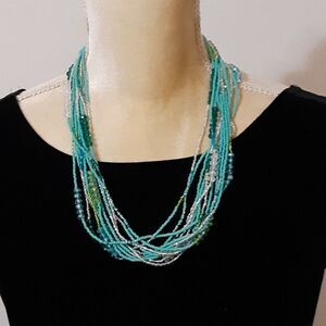 Bohemian multistrand seed bead necklace teal silver green blue acrylic beads